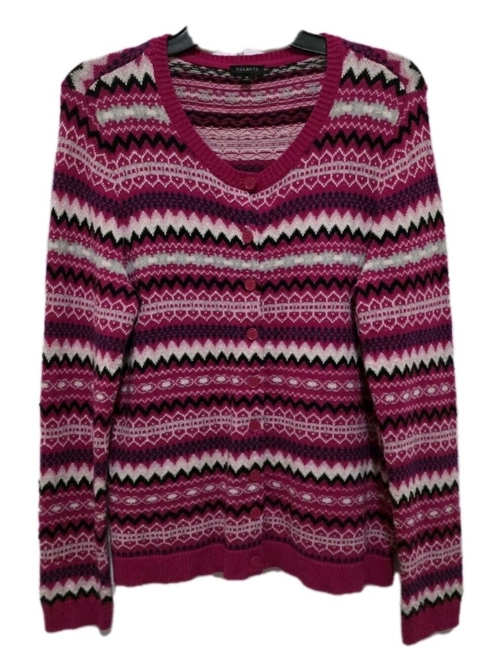 Talbots Women's M Pink Fair Isle Button Up Cardigan Sweater Wool Blend